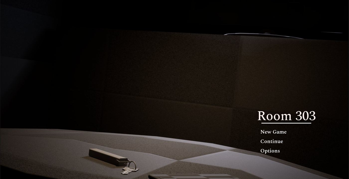 Room 303 main menu — a dark hotel room with a key on the table